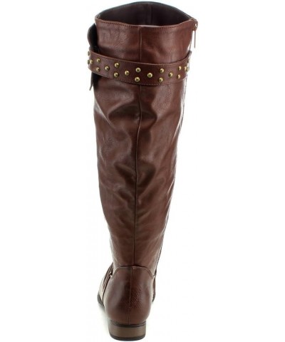 Womens Juno-8 Fashion Buckle Side Zip Stud Combat Riding Knee High Flat Boot Brown $15.06 Boots