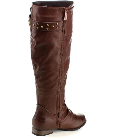 Womens Juno-8 Fashion Buckle Side Zip Stud Combat Riding Knee High Flat Boot Brown $15.06 Boots