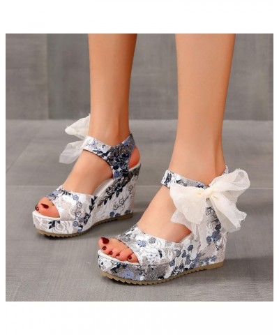 Ladies Fashion Flower Print Cloth Sandals Platform Wedge Fish Mouth Sandals Black Rubber Sandals for Women (Blue, 7.5) 7.5 Bl...