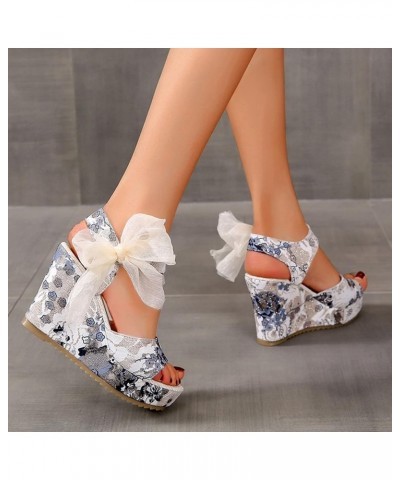 Ladies Fashion Flower Print Cloth Sandals Platform Wedge Fish Mouth Sandals Black Rubber Sandals for Women (Blue, 7.5) 7.5 Bl...