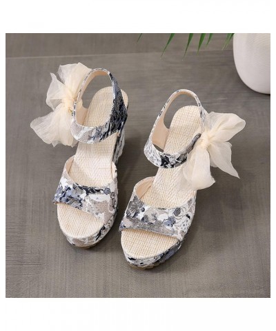 Ladies Fashion Flower Print Cloth Sandals Platform Wedge Fish Mouth Sandals Black Rubber Sandals for Women (Blue, 7.5) 7.5 Bl...