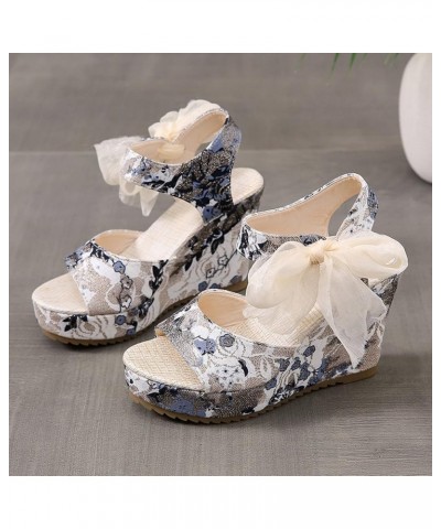 Ladies Fashion Flower Print Cloth Sandals Platform Wedge Fish Mouth Sandals Black Rubber Sandals for Women (Blue, 7.5) 7.5 Bl...