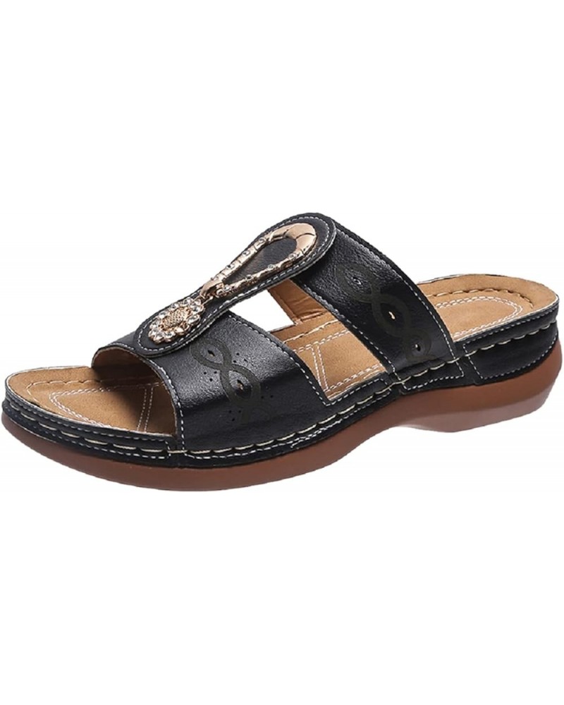 Sandals For Women Flats Open Toe Thick Bottom Comfortable Shoes Wedges Slippers Z 04-black $12.85 Sandals