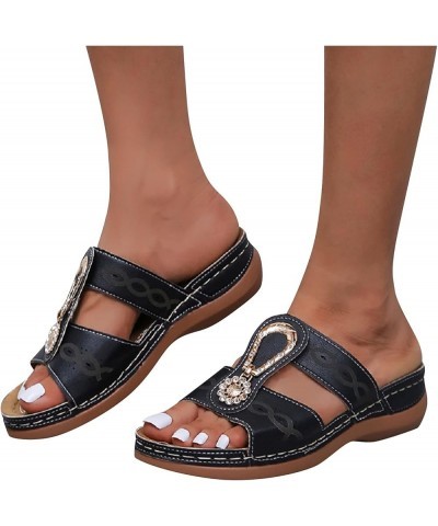 Sandals For Women Flats Open Toe Thick Bottom Comfortable Shoes Wedges Slippers Z 04-black $12.85 Sandals