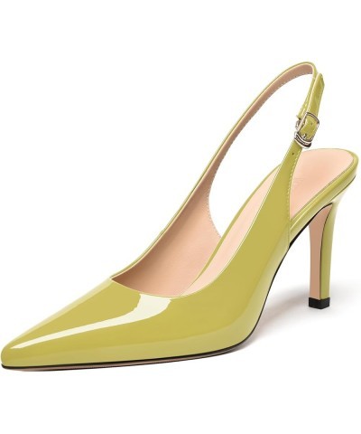 Womens Pointed Toe Patent Leather Slingback Stiletto High Heel Pumps Shoes 3.3 Inch Yellow Green $31.20 Pumps