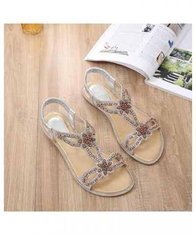 Women's Summer Fashion Bohemian Style Open Toe Sandals Flat Bottom Rhinestone Sandals Thick Sole Sandals for Women Silver $15...