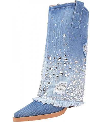 Women's Embroidered Western Cowboy Boots Mid Calf Chunky Heel Pull-Up Tabs Classic Cowgirl Boot Denim Blue/Rhinestones $22.55...