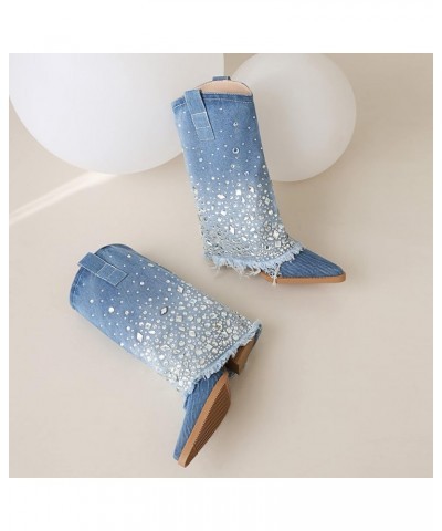 Women's Embroidered Western Cowboy Boots Mid Calf Chunky Heel Pull-Up Tabs Classic Cowgirl Boot Denim Blue/Rhinestones $22.55...