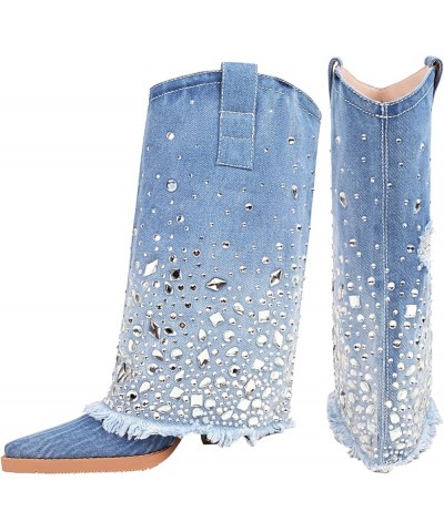 Women's Embroidered Western Cowboy Boots Mid Calf Chunky Heel Pull-Up Tabs Classic Cowgirl Boot Denim Blue/Rhinestones $22.55...