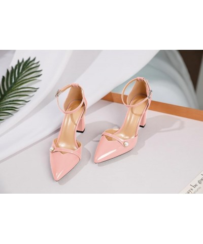 Women Chunky Heel Pumps Pointed Toe Block High Heels Patent Leather with Pearl Heels Ankle Strap Solid Dress Pumps Shoes 3.4 ...