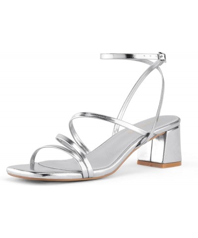 Strappy Heels for Women Low Chunky Block Heel Dress Shoes Square Open Toe Ankle Strap Heeled Sandals Silver $23.31 Sandals