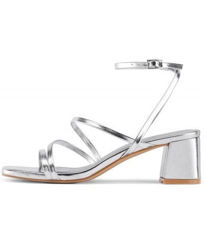 Strappy Heels for Women Low Chunky Block Heel Dress Shoes Square Open Toe Ankle Strap Heeled Sandals Silver $23.31 Sandals