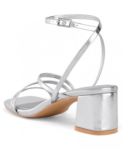 Strappy Heels for Women Low Chunky Block Heel Dress Shoes Square Open Toe Ankle Strap Heeled Sandals Silver $23.31 Sandals