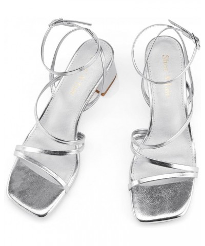 Strappy Heels for Women Low Chunky Block Heel Dress Shoes Square Open Toe Ankle Strap Heeled Sandals Silver $23.31 Sandals