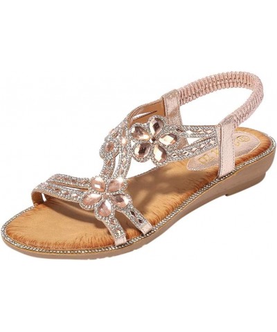 Sandals For Womens Studded Crystal Shoes Wedges Elastic Strap Roman Sandals Z 03-pink $14.14 Sandals