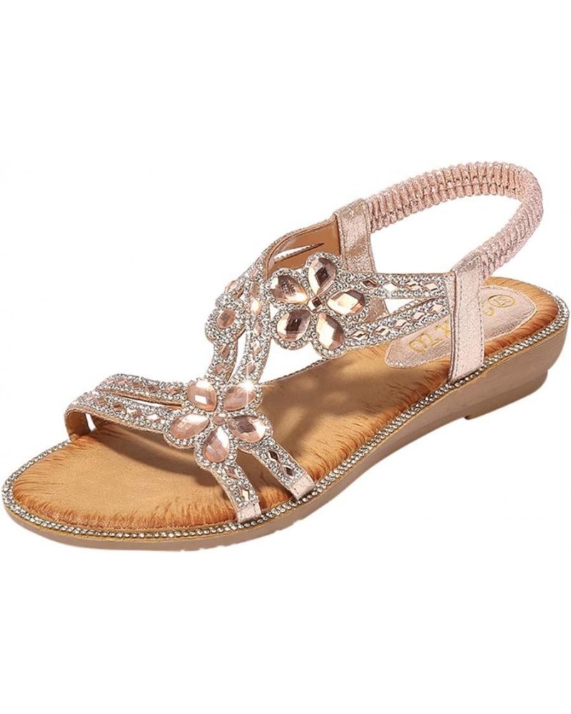 Sandals For Womens Studded Crystal Shoes Wedges Elastic Strap Roman Sandals Z 03-pink $14.14 Sandals