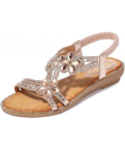 Sandals For Womens Studded Crystal Shoes Wedges Elastic Strap Roman Sandals Z 03-pink $14.14 Sandals