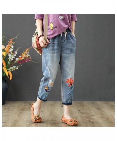 Women Casual Comfortable Literary Embroidery Elastic High Waist Cutting Pants Jeans Red - 2024 Pants for Women $17.97 Sandals