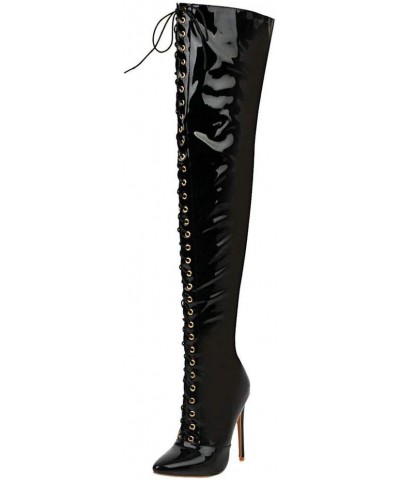 Womens Patent Thigh High Lace Up Stiletto Over The Knee Pointed Toe Boots Black $37.71 Boots