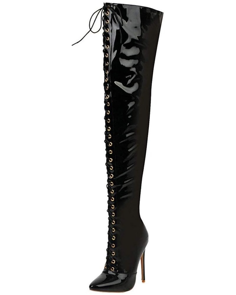 Womens Patent Thigh High Lace Up Stiletto Over The Knee Pointed Toe Boots Black $37.71 Boots