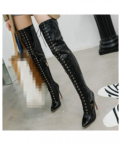 Womens Patent Thigh High Lace Up Stiletto Over The Knee Pointed Toe Boots Black $37.71 Boots