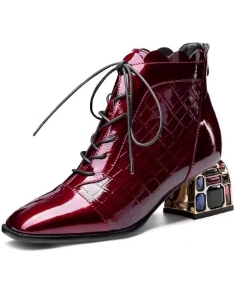 Women's Patent Leather Crystal Mid Chunky Heel Ankle Boots with Back Zipper Red $45.55 Boots