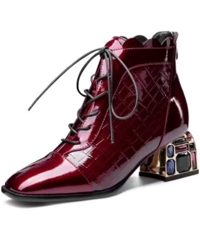 Women's Patent Leather Crystal Mid Chunky Heel Ankle Boots with Back Zipper Red $45.55 Boots