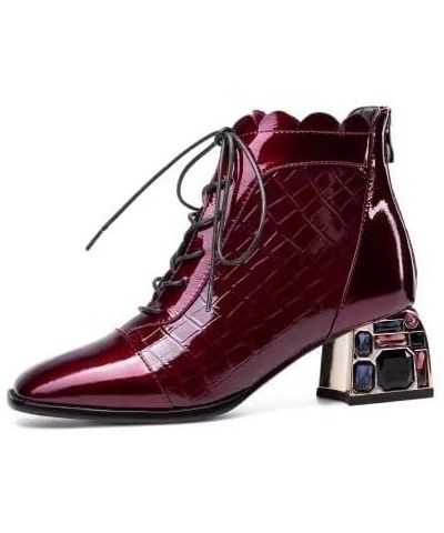 Women's Patent Leather Crystal Mid Chunky Heel Ankle Boots with Back Zipper Red $45.55 Boots