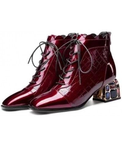 Women's Patent Leather Crystal Mid Chunky Heel Ankle Boots with Back Zipper Red $45.55 Boots